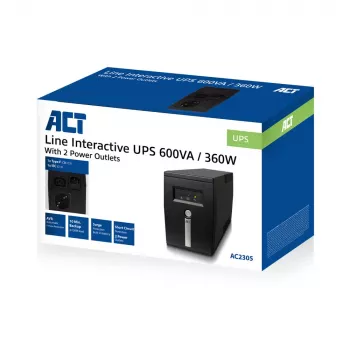 ACT Line Interactive USV 600 VA – 360 W mit AVR, Line-Interactive, 0,6 kVA, 360 W, 240 V, Überladung, Tiefentladung, Überlast, Kurzschluss, C13-Kupplung, Typ F