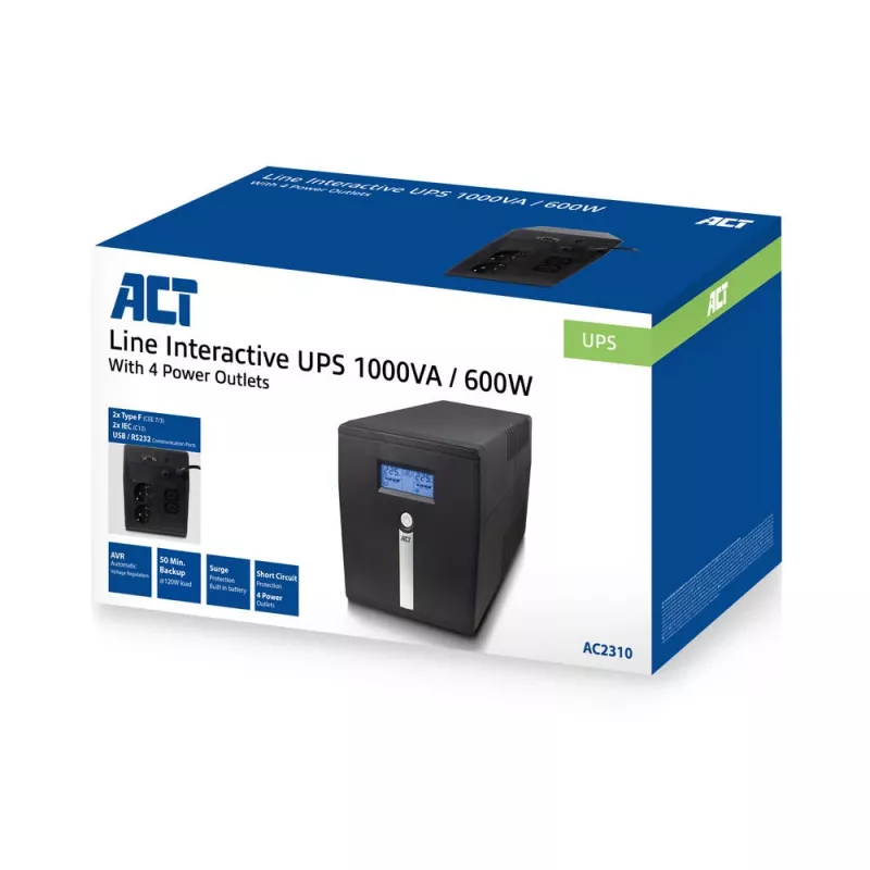 ACT Line Interactive USV 1000VA - 600W mit AVR, LCD-Anzeige