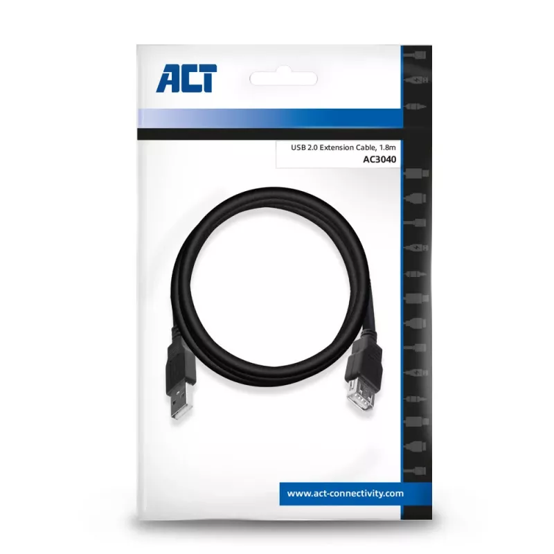 ACT USB 2.0 Verlängerungskabel A Stecker - A Buchse 1,8 Meter, Zip-Beutel