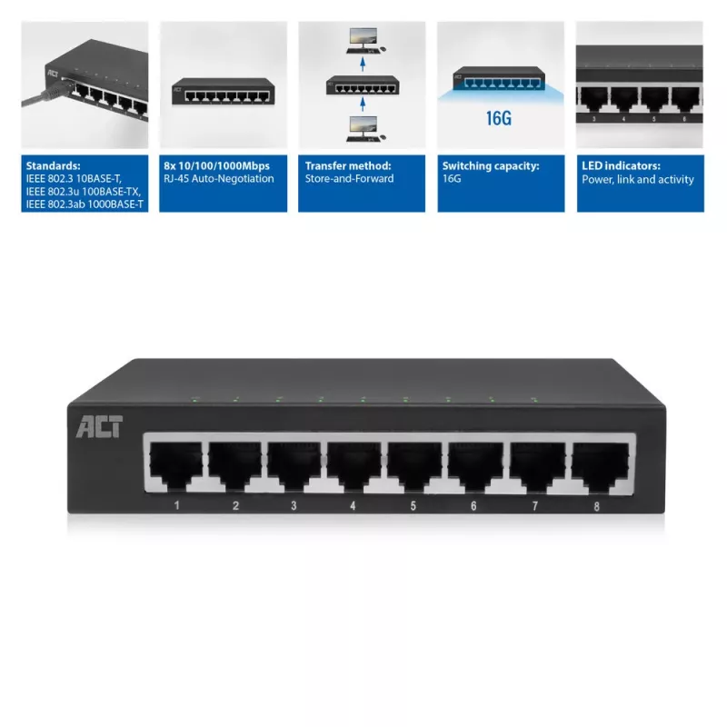 Unmanaged Switch ACT AC4418 8 Ports Gigabit Ethernet 10/100/1000