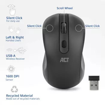 ACT Wireless Mouse 1600 DPI, leiser Klick, umweltfreundlich, aus recycelten Materialien