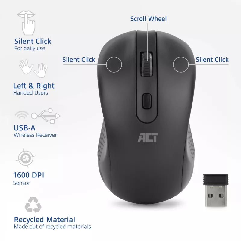 ACT Wireless Mouse 1600 DPI, leiser Klick, umweltfreundlich, aus recycelten Materialien