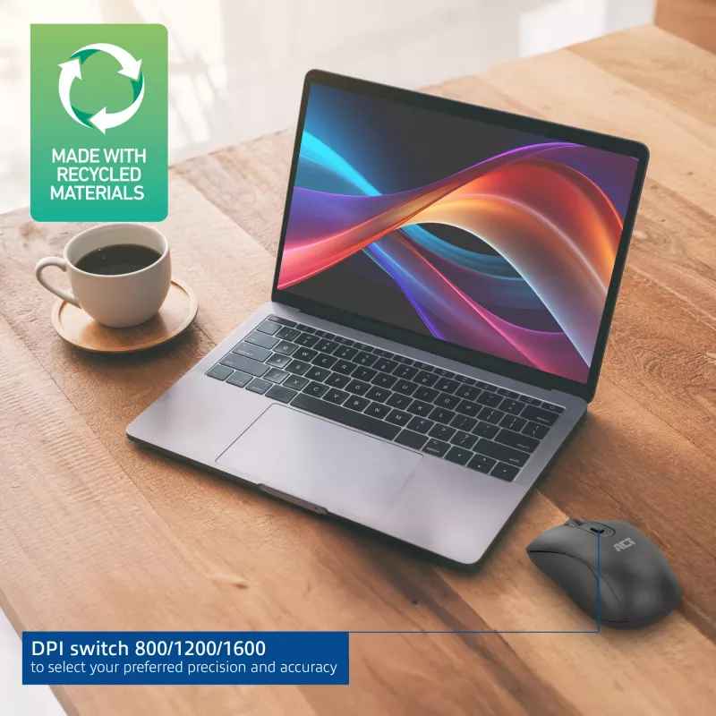 ACT Wireless Mouse 1600 DPI, leiser Klick, umweltfreundlich, aus recycelten Materialien