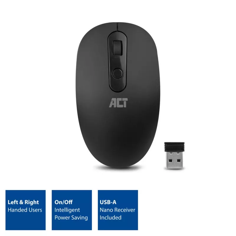 ACT Wireless Maus 1200 DPI, beidhändig, RF Wireless, 1200 DPI, Schwarz
