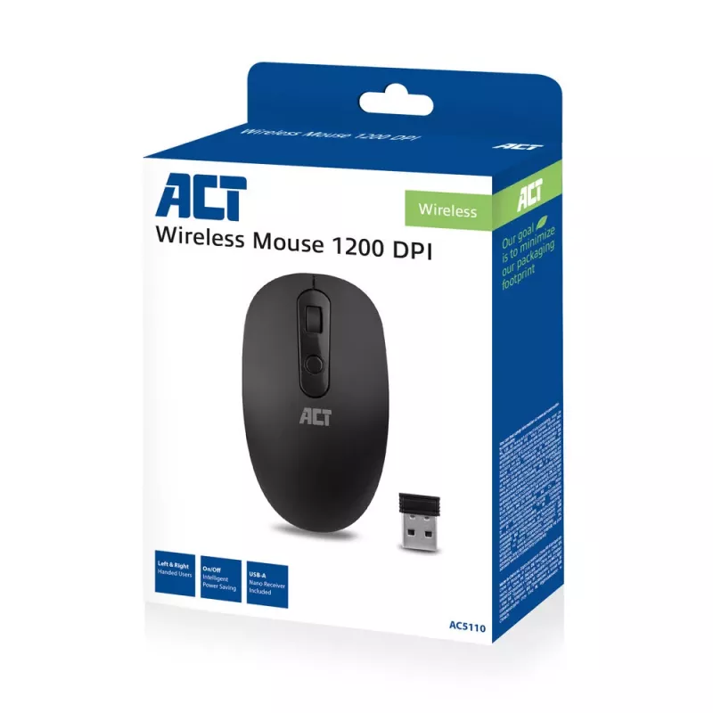ACT Wireless Maus 1200 DPI, beidhändig, RF Wireless, 1200 DPI, Schwarz