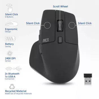 ACT Wireless Multi-Connect Maus Bluetooth oder USB-A Empfänger, 2400 DPI mit Silent Click, umweltfreundlich