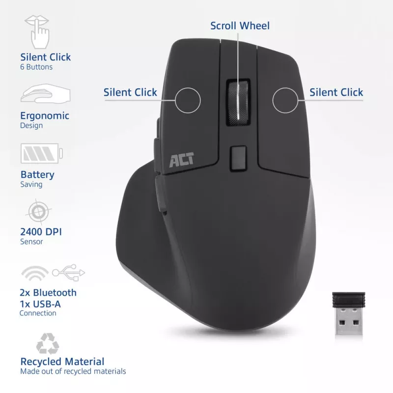ACT Wireless Multi-Connect Maus Bluetooth oder USB-A Empfänger, 2400 DPI mit Silent Click, umweltfreundlich