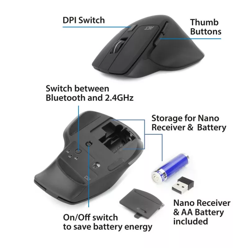 ACT Wireless Multi-Connect Maus Bluetooth oder USB-A Empfänger, 2400 DPI mit Silent Click, umweltfreundlich
