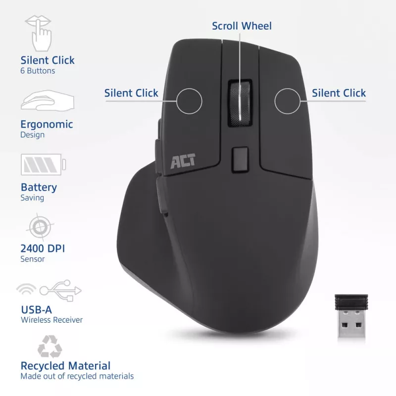ACT Funkmaus 2400 DPI mit leisen Klicks, umweltfreundlich, aus recycelten Materialien