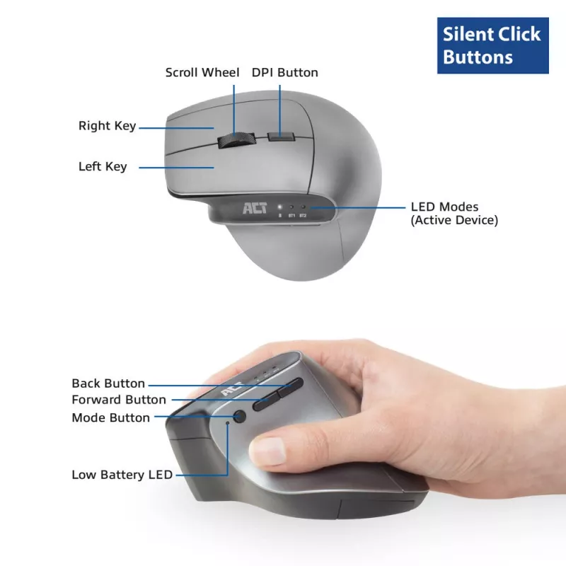 ACT Kabellose ergonomische Maus mit Bluetooth und USB-C/USB-A
