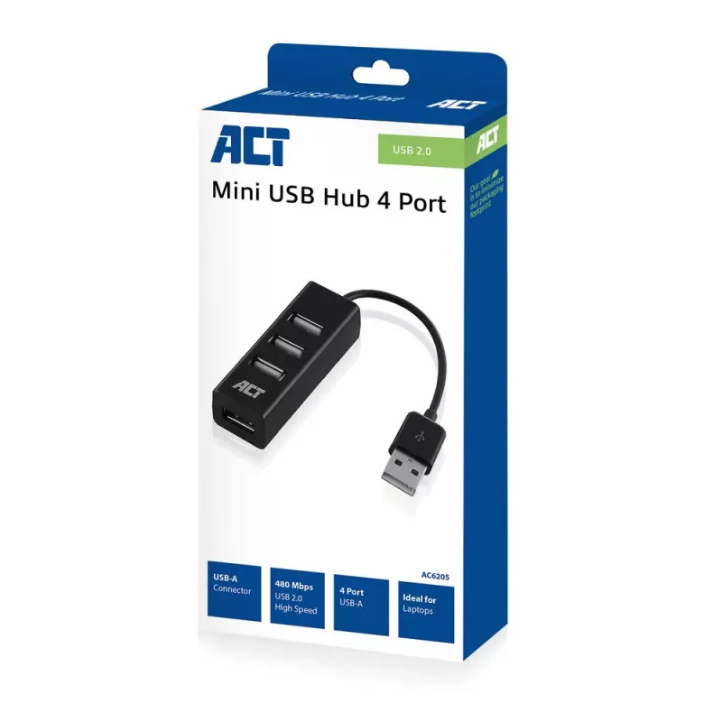 USB-Hub ACT AC6205 2.0 480 Mbit/s Schwarz 0,12m