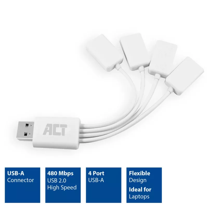 ACT USB-Hub 4 Port USB-A flexibel USB 3.2 Gen 1 Weiß 480 Mbit/s