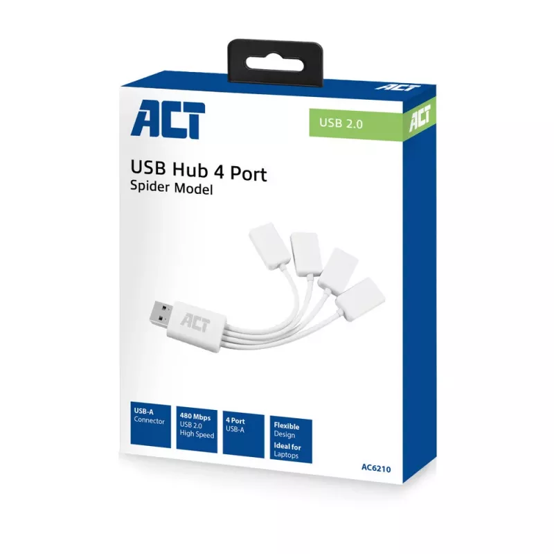 ACT USB-Hub 4 Port USB-A flexibel USB 3.2 Gen 1 Weiß 480 Mbit/s