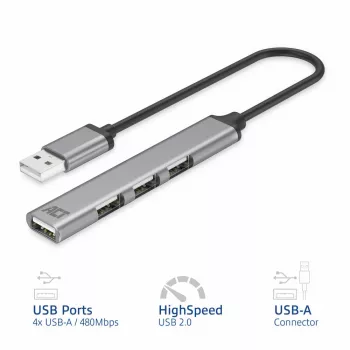 ACT AC6225 USB 2.0 Hub 480 Mbit/s Grau Aluminium