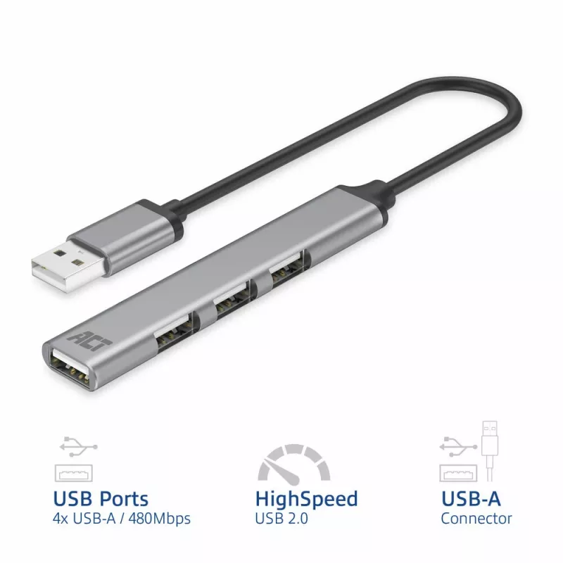 ACT AC6225 USB 2.0 Hub 480 Mbit/s Grau Aluminium