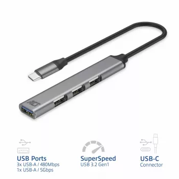 USB Hub ACT AC6425 Type-C 5000 Mbit/s Aluminium Grau