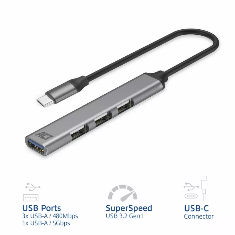 USB Hub ACT AC6425 Type-C 5000 Mbit/s Aluminium Grau