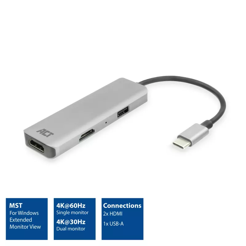 ACT USB-C 4K Multiport-Adapter für 2 HDMI-Monitore, USB-A-Datenanschluss