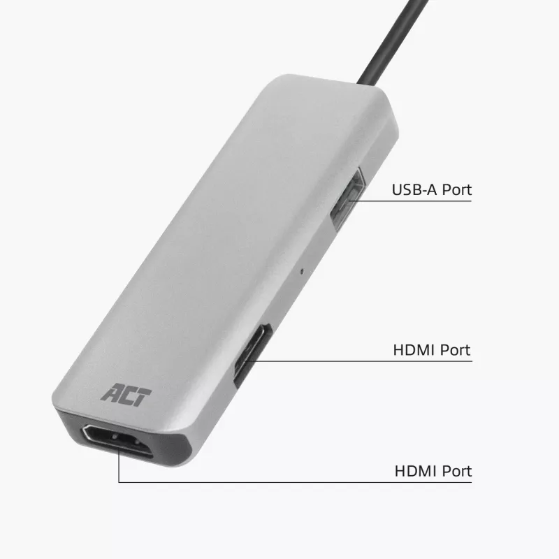 ACT USB-C 4K Multiport-Adapter für 2 HDMI-Monitore, USB-A-Datenanschluss