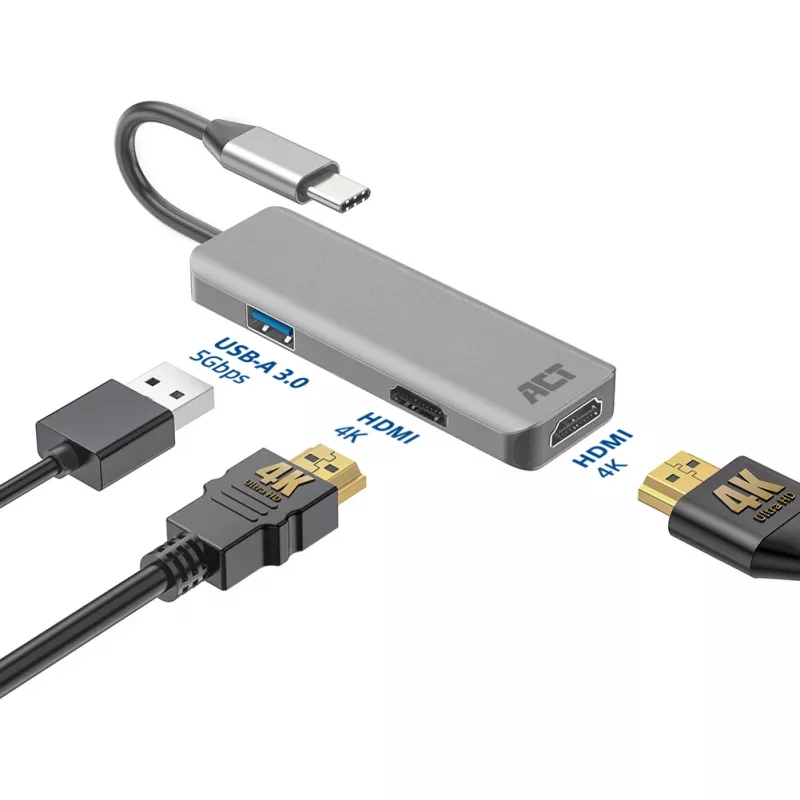 ACT USB-C 4K Multiport-Adapter für 2 HDMI-Monitore, USB-A-Datenanschluss