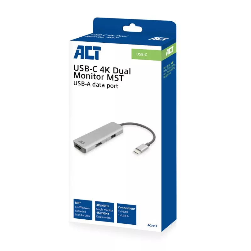 ACT USB-C 4K Multiport-Adapter für 2 HDMI-Monitore, USB-A-Datenanschluss