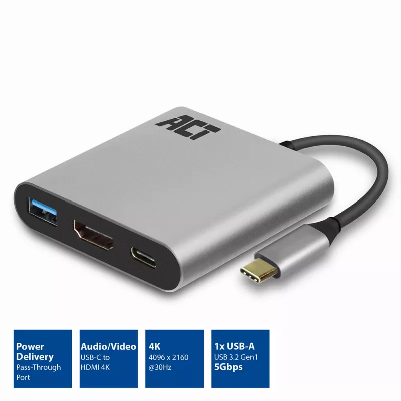 ACT USB-C Multiport-Adapter für 1 HDMI-Monitor, 1x USB-A, PD-Durchgang