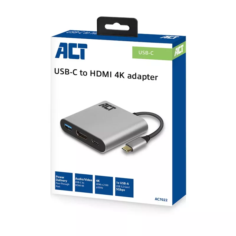ACT USB-C Multiport-Adapter für 1 HDMI-Monitor, 1x USB-A, PD-Durchgang