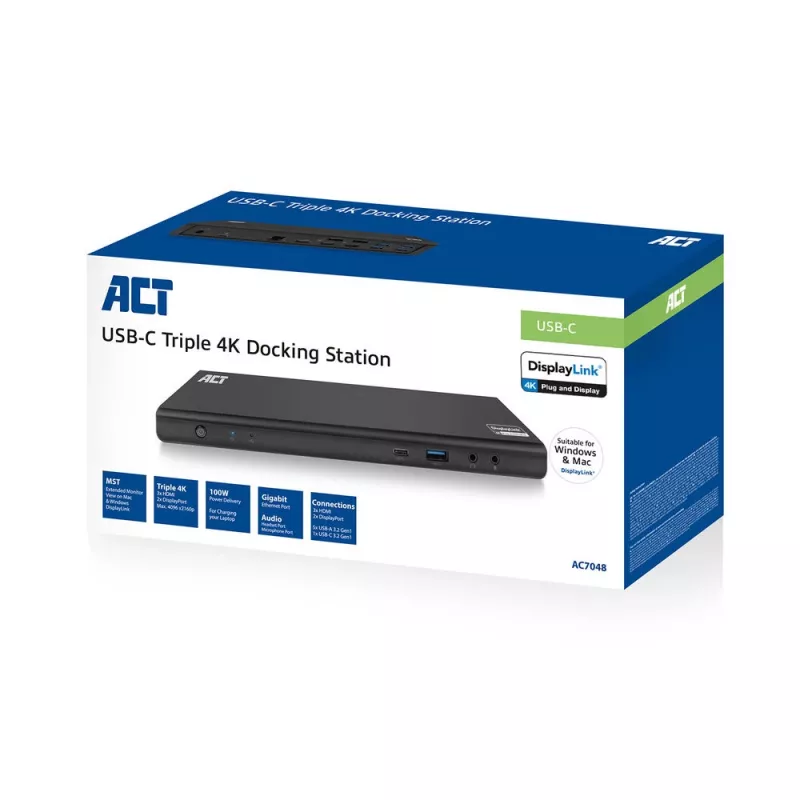 ACT USB-C Docking Station 4K, für 2 oder 3 HDMI/DisplayPort-Monitore, DisplayLink