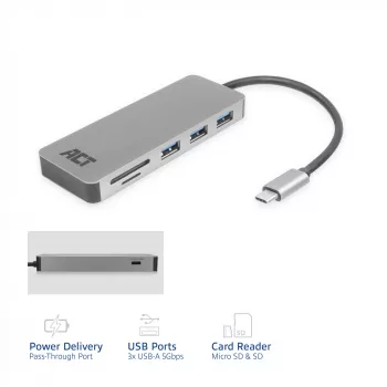 ACT USB-C Hub 3.0, 3x USB-A, Kartenleser, PD-Durchschleifung