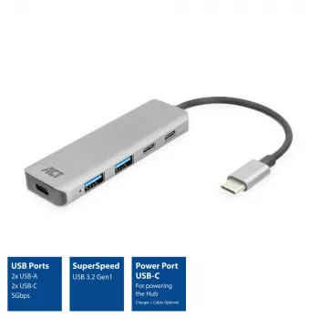 ACT AC7072 USB 3.2 Gen 1 Type-C Hub 5000 Mbit/s Schwarz Grau