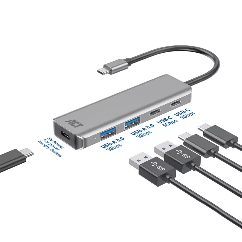 ACT AC7072 USB 3.2 Gen 1 Type-C Hub 5000 Mbit/s Schwarz Grau