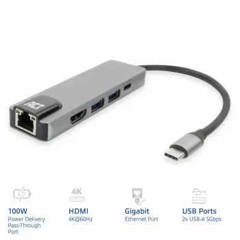 ACT USB-C 4K Dockingstation für 1 HDMI-Monitor, Ethernet, USB-A, PD-Durchschleifung