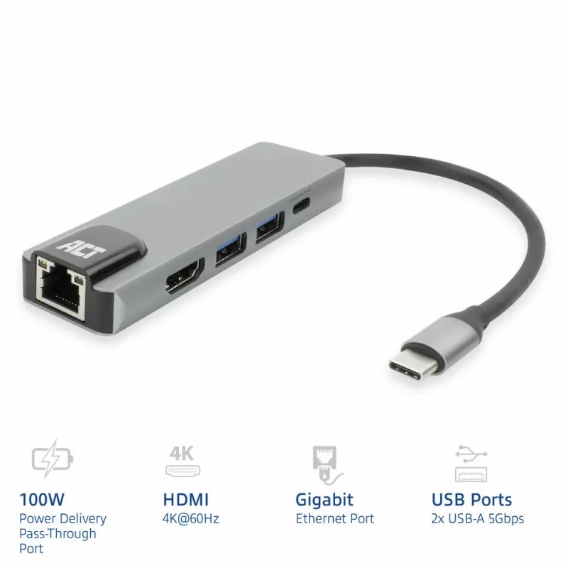 ACT USB-C 4K Dockingstation für 1 HDMI-Monitor, Ethernet, USB-A, PD-Durchschleifung