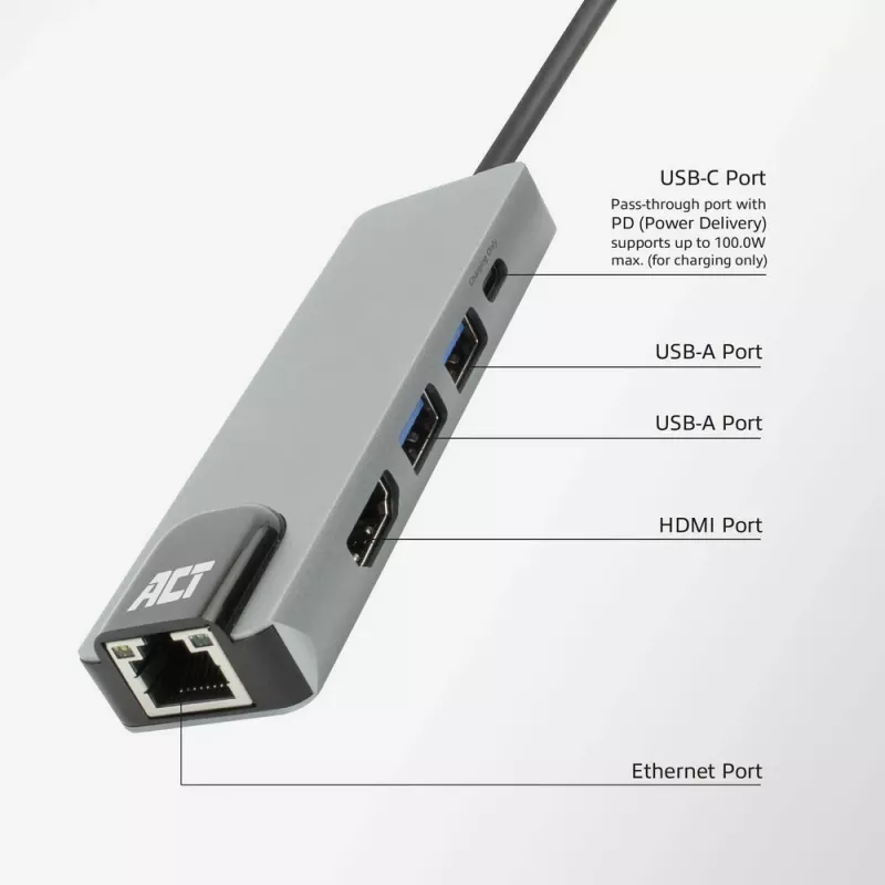 ACT USB-C 4K Dockingstation für 1 HDMI-Monitor, Ethernet, USB-A, PD-Durchschleifung