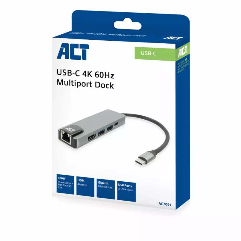 ACT USB-C 4K Dockingstation für 1 HDMI-Monitor, Ethernet, USB-A, PD-Durchschleifung