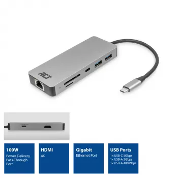 ACT USB-C 4K Dockingstation für 1 HDMI-Monitor, Ethernet, USB-C, USB-A, Kartenleser und PD-Durchleitung