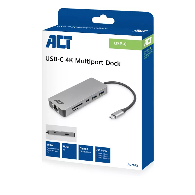 ACT USB-C 4K Dockingstation für 1 HDMI-Monitor, Ethernet, USB-C, USB-A, Kartenleser und PD-Durchleitung