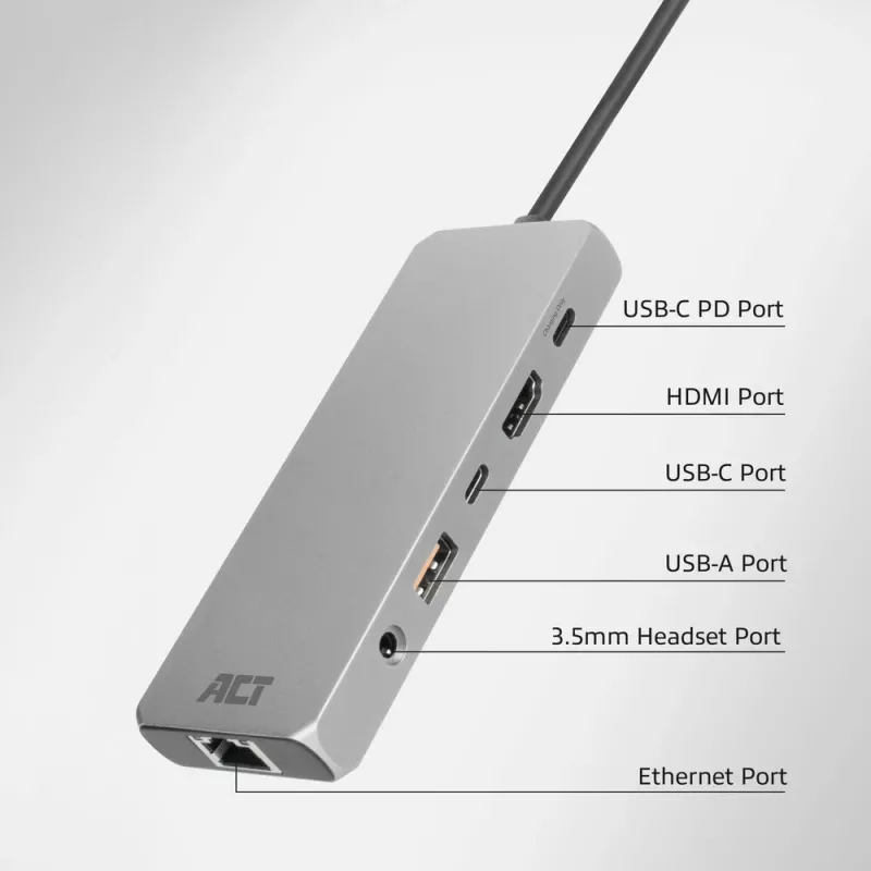 ACT USB-C 4K / 8K 30Hz Dockingstation für 1 HDMI-Monitor, 2,5 Gigabit Ethernet, USB-C 10Gbps, USB-A 10Gbps, 3,5mm Audio, PD-Durchschleifung