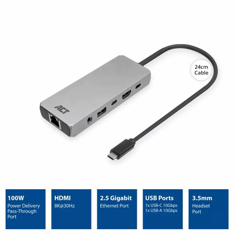 ACT USB-C 4K / 8K 30Hz Dockingstation für 1 HDMI-Monitor, 2,5 Gigabit Ethernet, USB-C 10Gbps, USB-A 10Gbps, 3,5mm Audio, PD-Durchschleifung