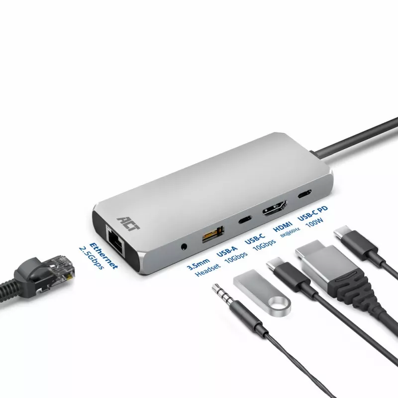 ACT USB-C 4K / 8K 30Hz Dockingstation für 1 HDMI-Monitor, 2,5 Gigabit Ethernet, USB-C 10Gbps, USB-A 10Gbps, 3,5mm Audio, PD-Durchschleifung