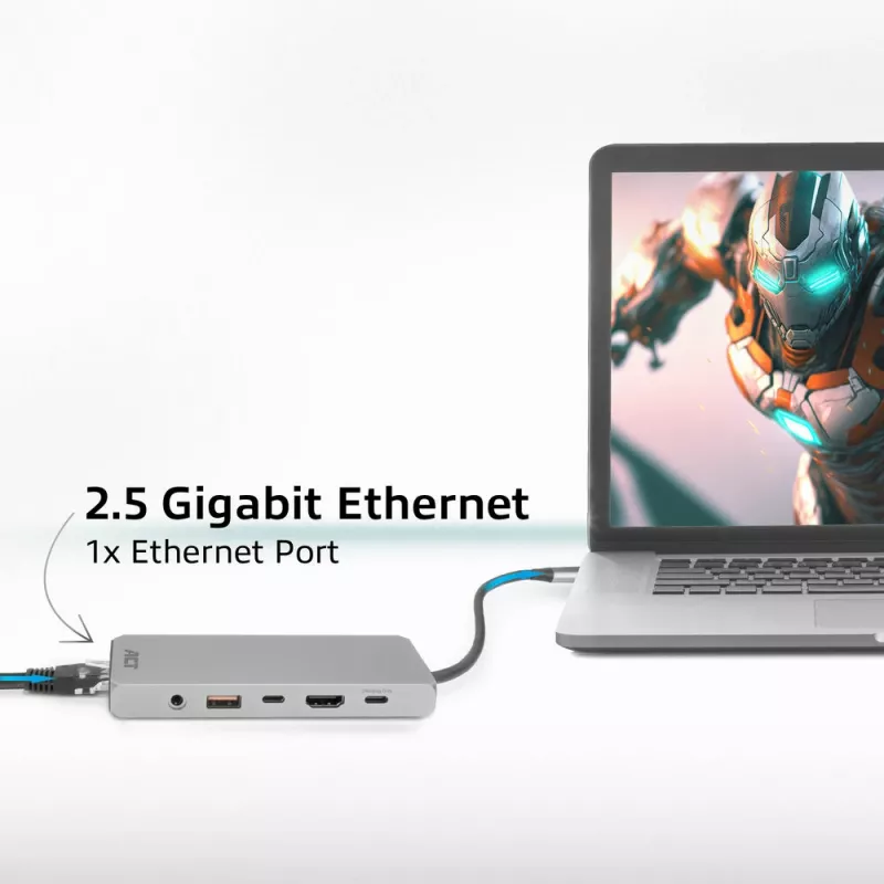 ACT USB-C 4K / 8K 30Hz Dockingstation für 1 HDMI-Monitor, 2,5 Gigabit Ethernet, USB-C 10Gbps, USB-A 10Gbps, 3,5mm Audio, PD-Durchschleifung