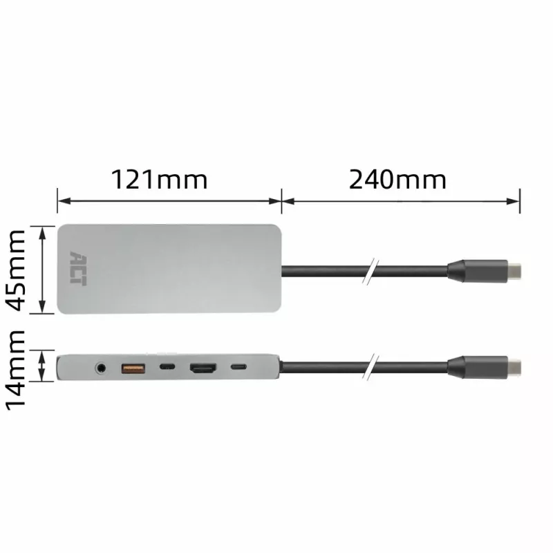 ACT USB-C 4K / 8K 30Hz Dockingstation für 1 HDMI-Monitor, 2,5 Gigabit Ethernet, USB-C 10Gbps, USB-A 10Gbps, 3,5mm Audio, PD-Durchschleifung