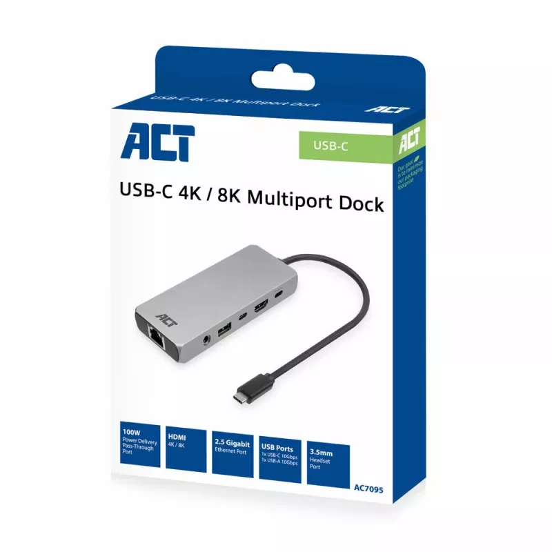 ACT USB-C 4K / 8K 30Hz Dockingstation für 1 HDMI-Monitor, 2,5 Gigabit Ethernet, USB-C 10Gbps, USB-A 10Gbps, 3,5mm Audio, PD-Durchschleifung