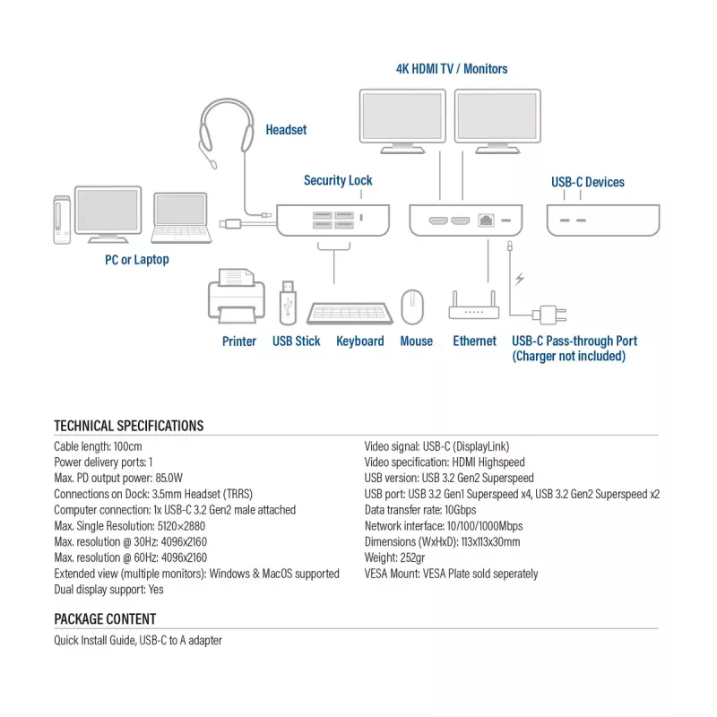 ACT Universal USB-C Docking Station 4K, für 2 HDMI/DisplayPort-Monitore, DisplayLink, kompaktes Design