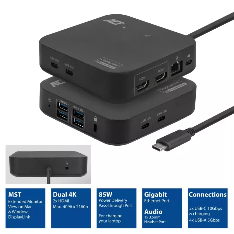 ACT Universal USB-C Docking Station 4K, für 2 HDMI/DisplayPort-Monitore, DisplayLink, kompaktes Design