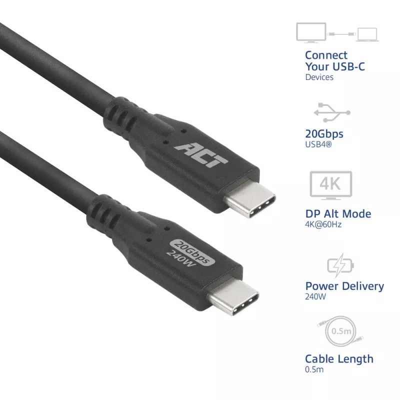 ACT USB4 20Gbps 240W USB Type-C Kabel 0,5m Schwarz