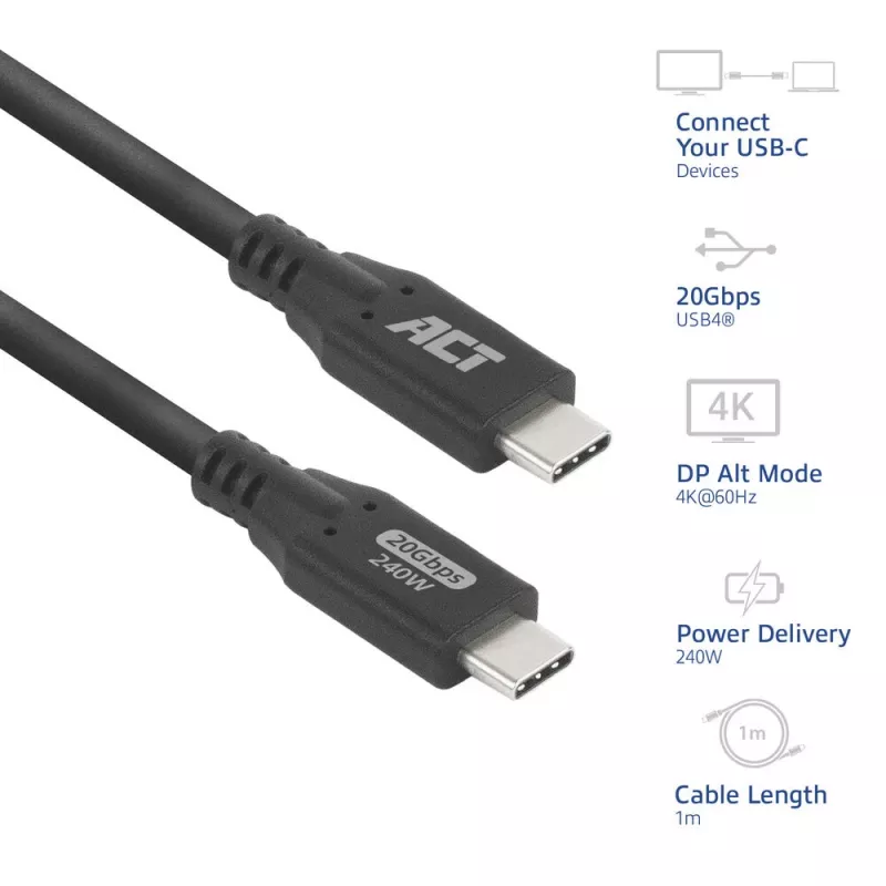 ACT USB4 20Gbps 240W USB Type-C-Kabel 1 Meter Schwarz