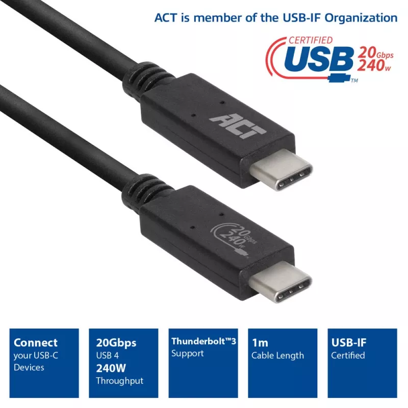 ACT USB4® 20Gbps-Kabel, USB-C, USB-IF-zertifiziert, 1 Meter