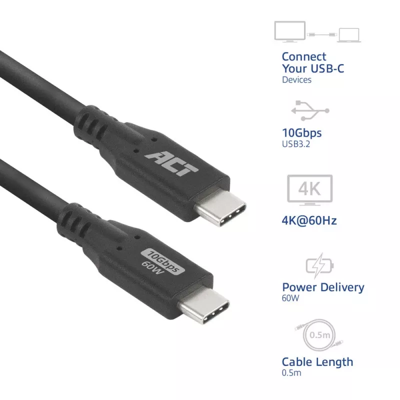 ACT USB 3.0 10Gbps 60W USB Type-C-Kabel 0,5 m Schwarz