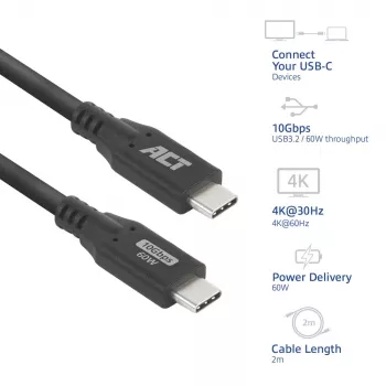 USB-Typ-C-Kabel ACT AC7442 2m 10Gbps 60W Schwarz